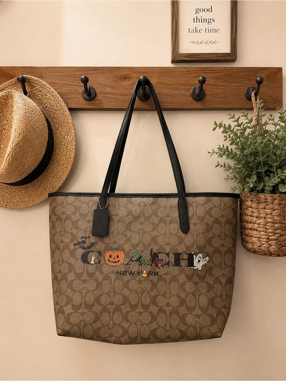 Coach Brown Signature Canvas Tote with Black Trim and Halloween Motifs